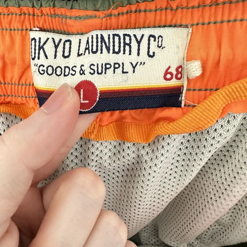 Tokyo Laundry‎ Swim Trunks Men’s Green Orange Lined Pockets Size Large 7” Inseam